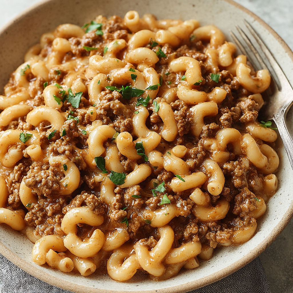 A bowl of pasta with meat and vegetables.