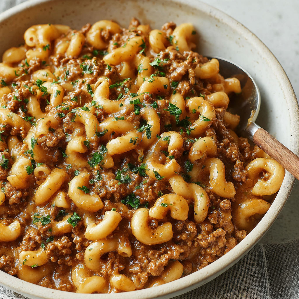A bowl of pasta with meat sauce.