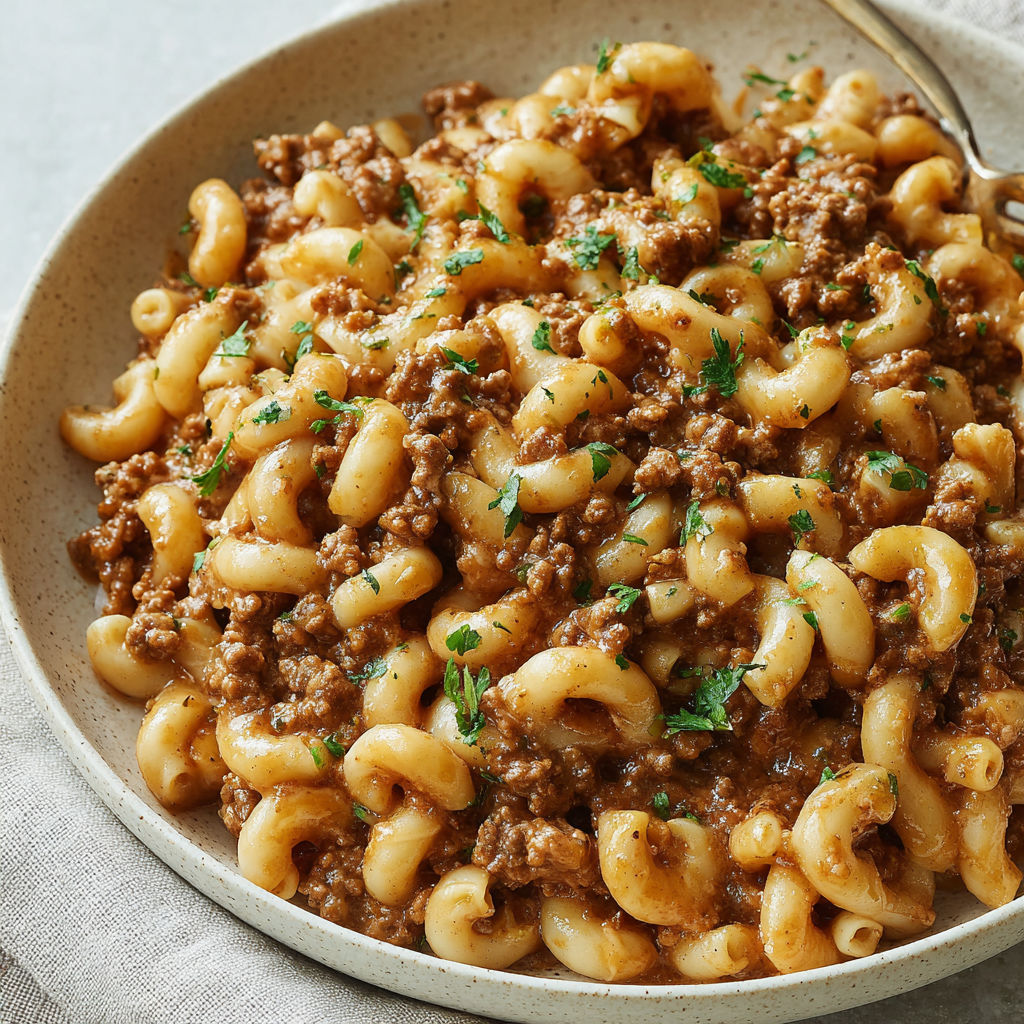 A bowl of pasta with meat sauce.