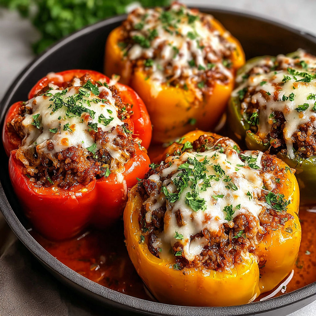 A bowl of stuffed peppers with cheese and meat.