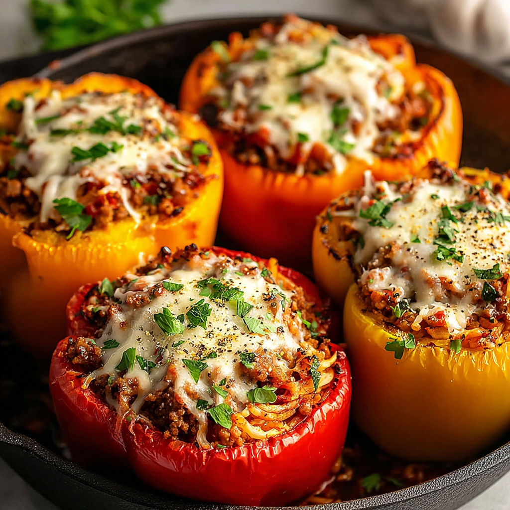 A pan of peppers with cheese and meat.
