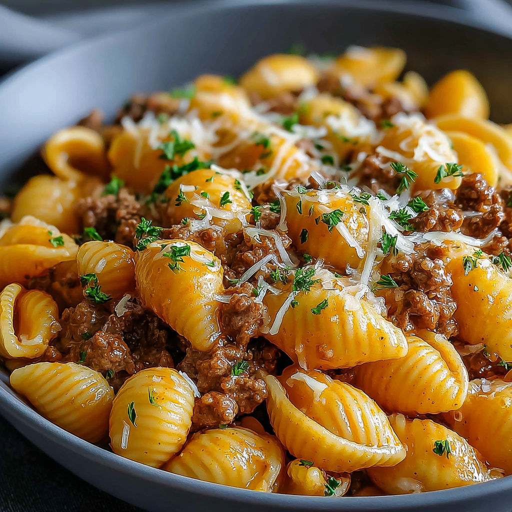 A bowl of creamy beef and shells.