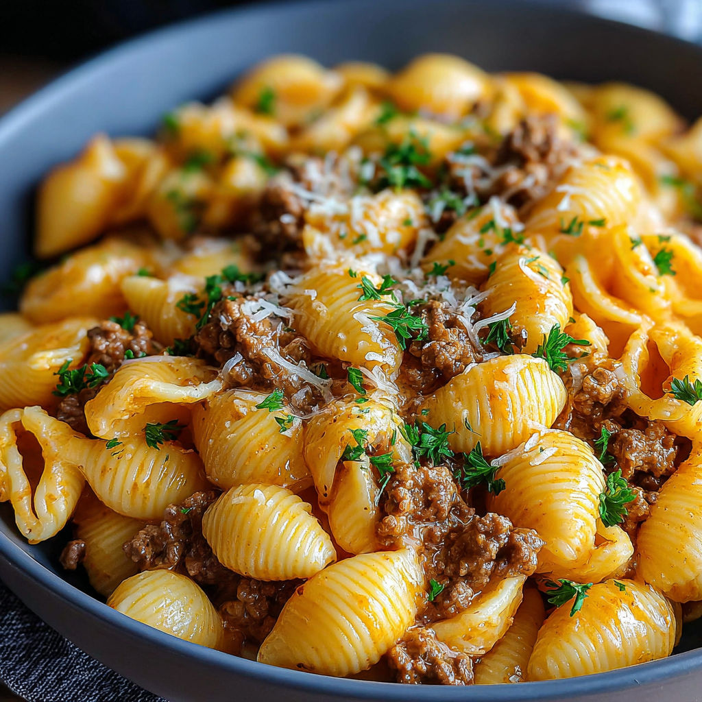 A bowl of pasta with meat and cheese.
