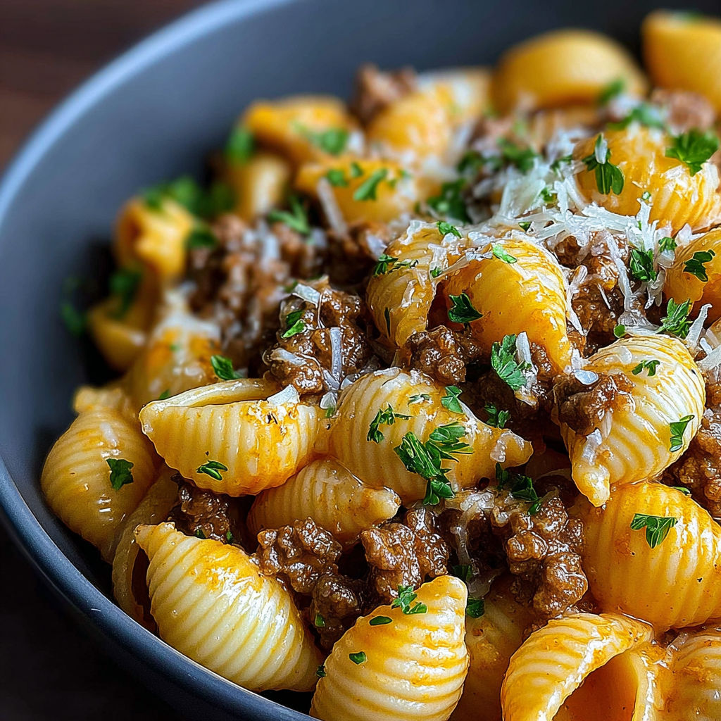 A bowl of pasta with meat and cheese.