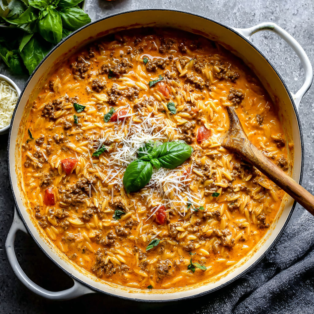 A bowl of ground beef orzo with tomato cream sauce and fresh basil.