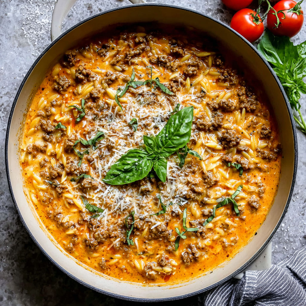 A bowl of ground beef orzo with tomato cream sauce and fresh basil.