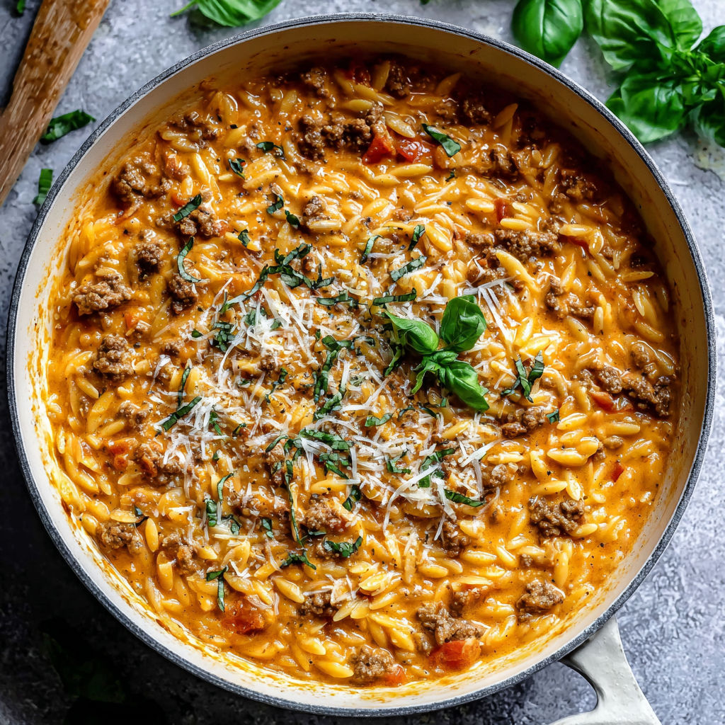 A bowl of ground beef orzo with tomato cream sauce and fresh basil.