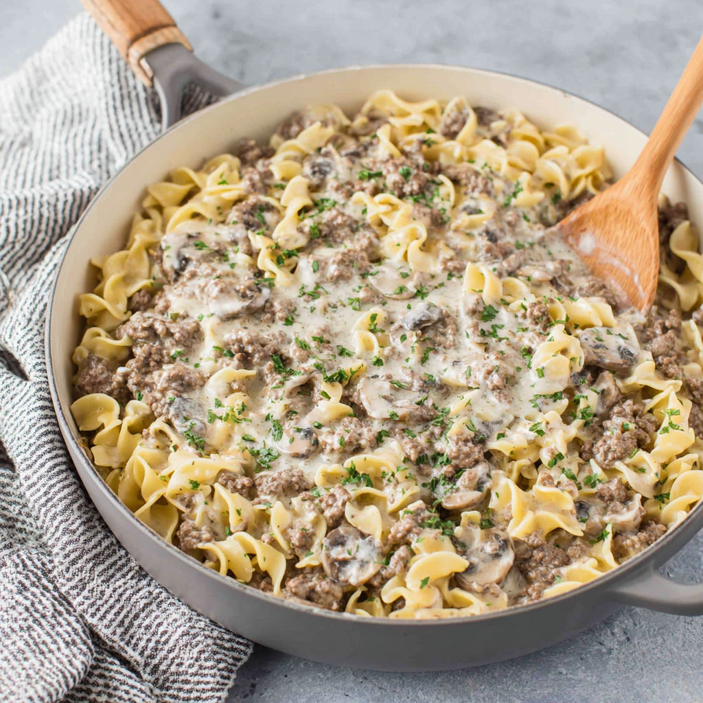 A pan of ground beef stroganoff.