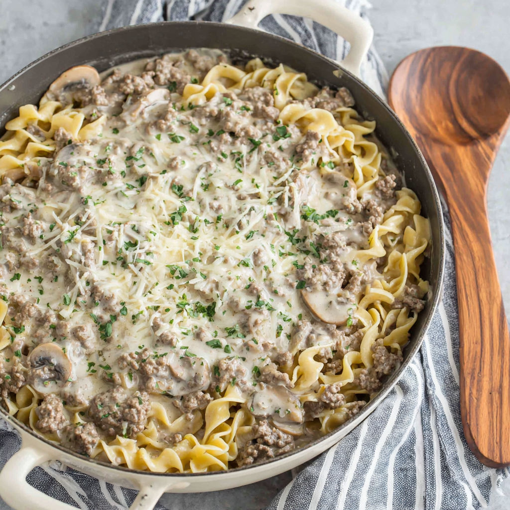 A delicious pasta dish with meat and mushrooms.