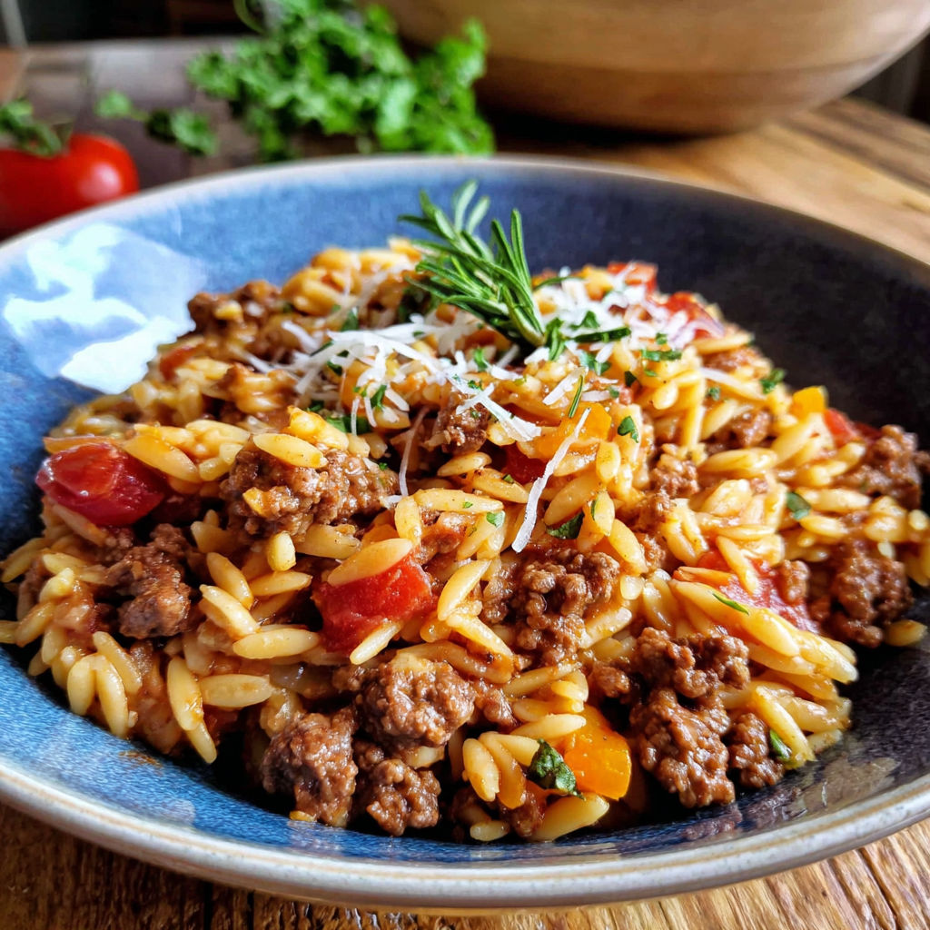 A bowl of ground beef orzo.
