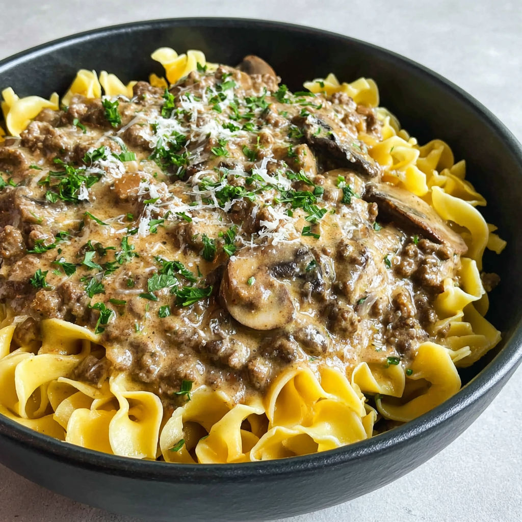 A bowl of ground beef stroganoff.