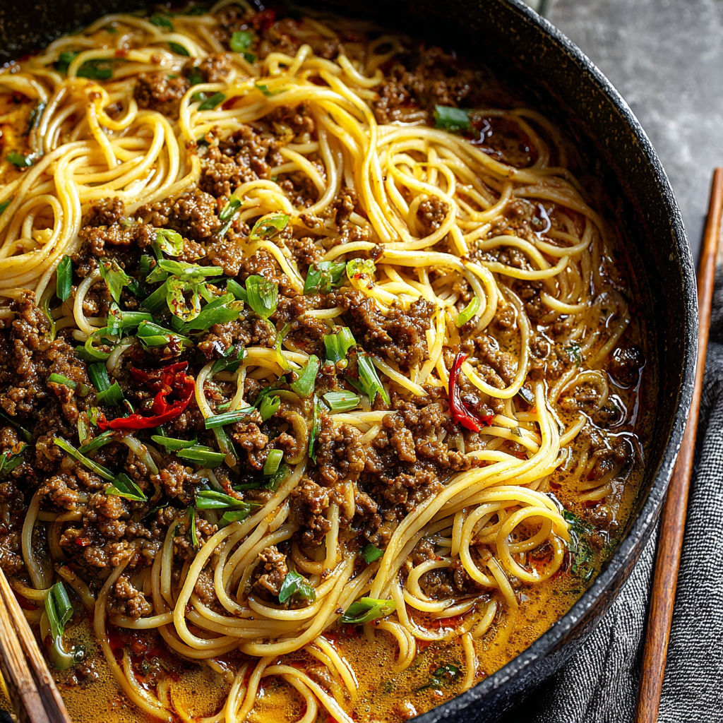 A bowl of noodles with meat and vegetables.