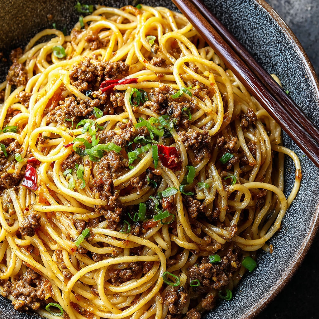 A bowl of noodles with meat and vegetables.