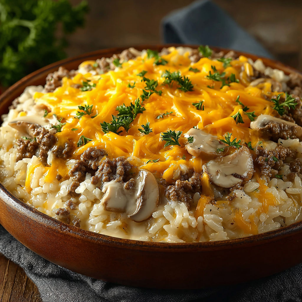 A cheesy hamburger rice casserole with mushrooms and herbs.