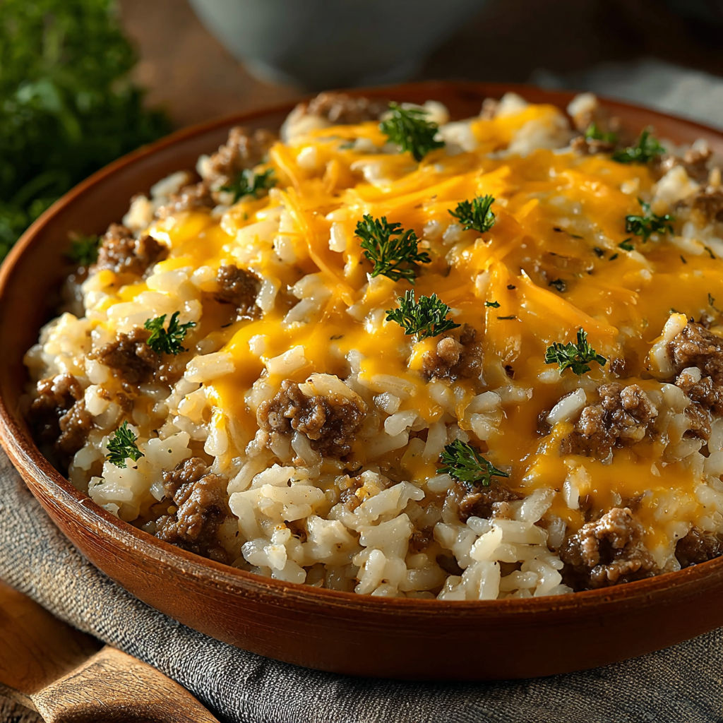 A bowl of rice with meat and cheese.