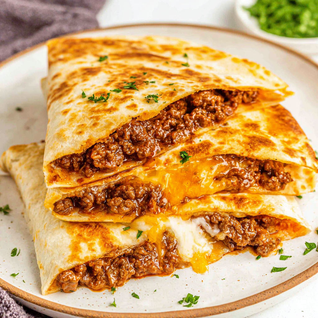A cheese beef quesadilla on a plate.