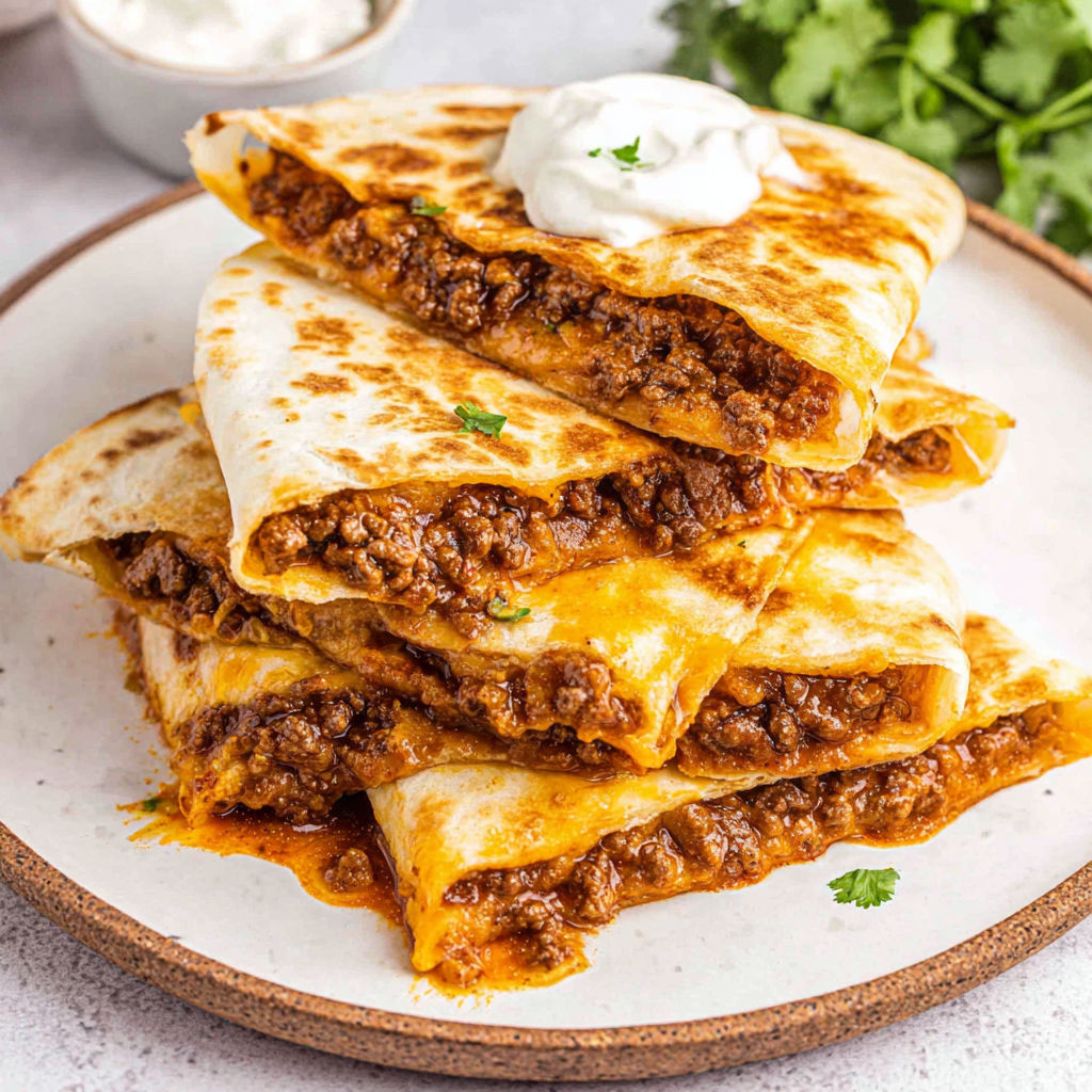 A stack of enchiladas with white sauce on top.