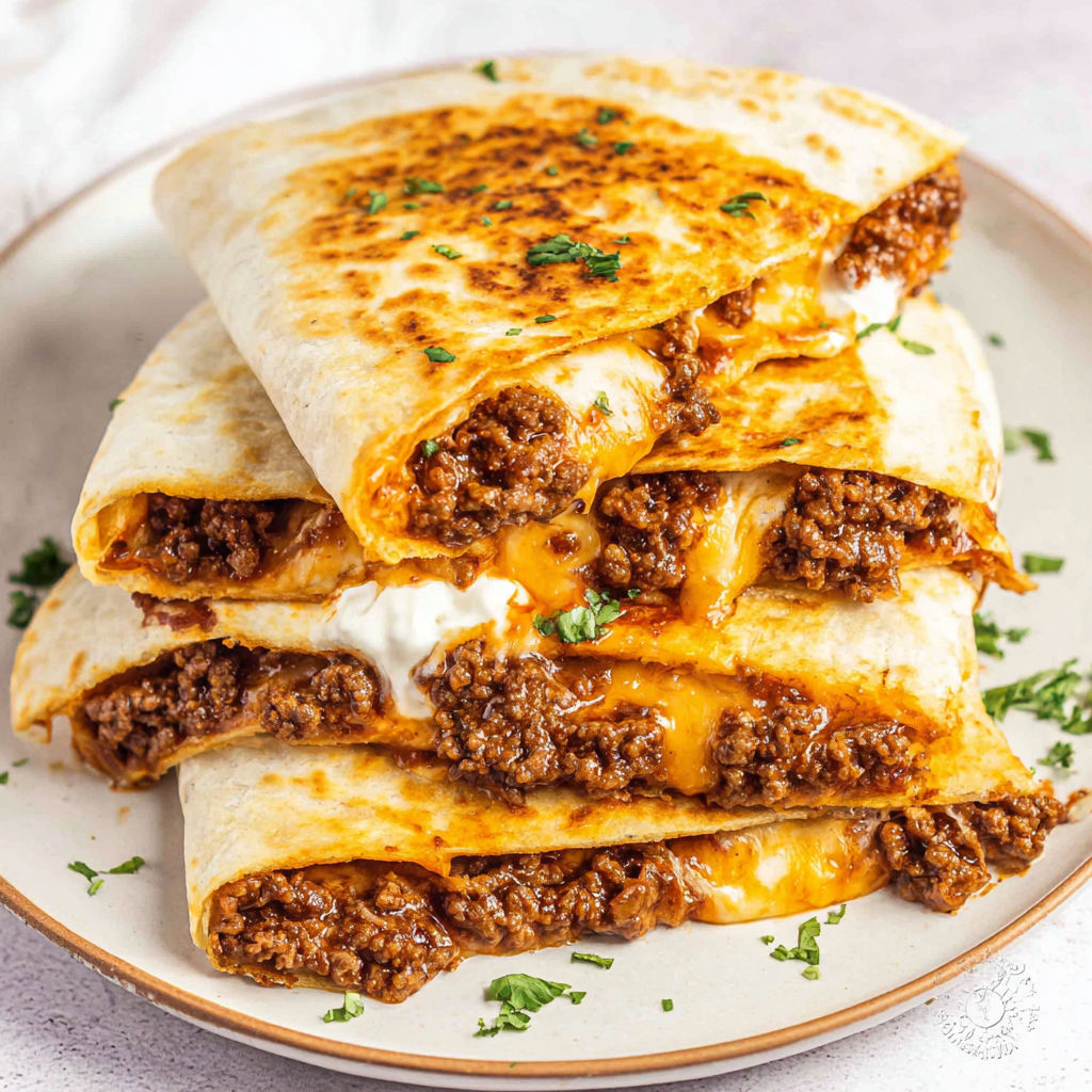 A stack of burritos with cheese and meat.