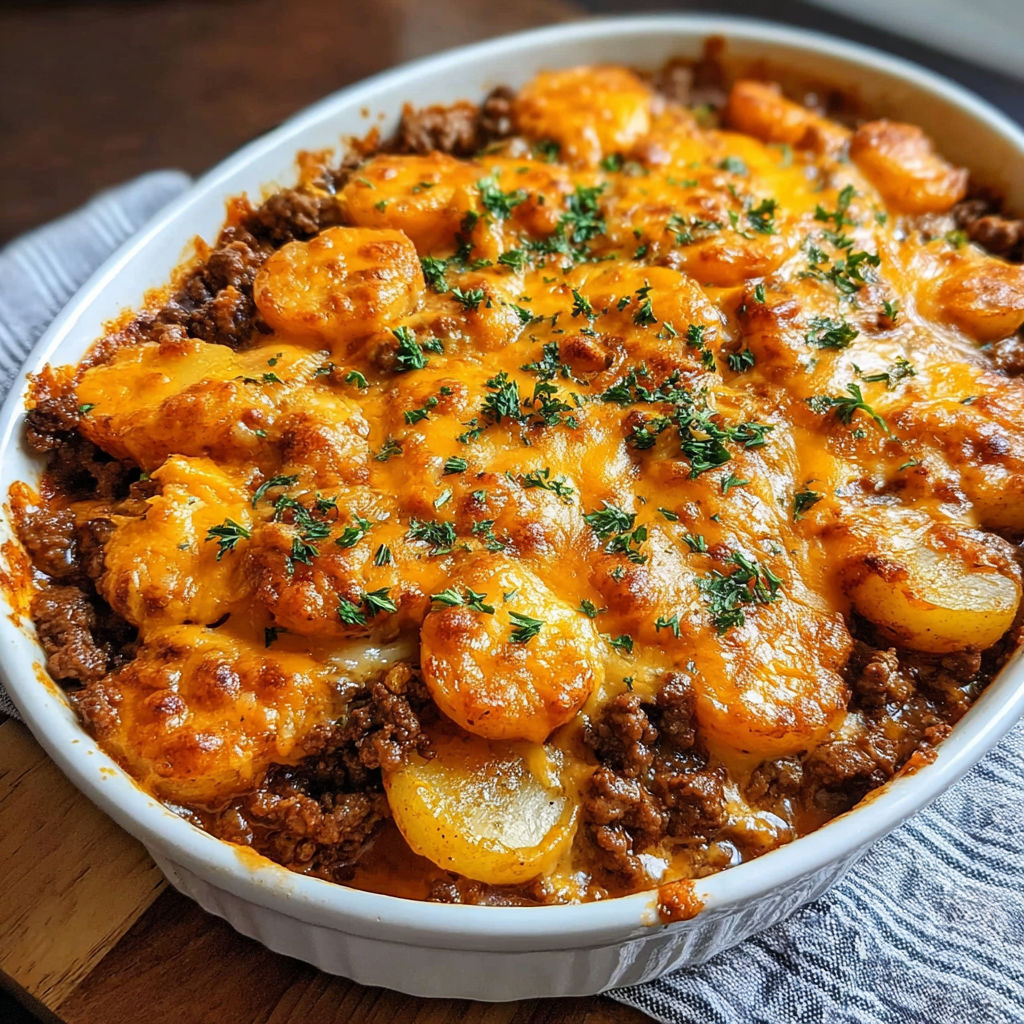 A white bowl filled with a delicious hobo casserole.