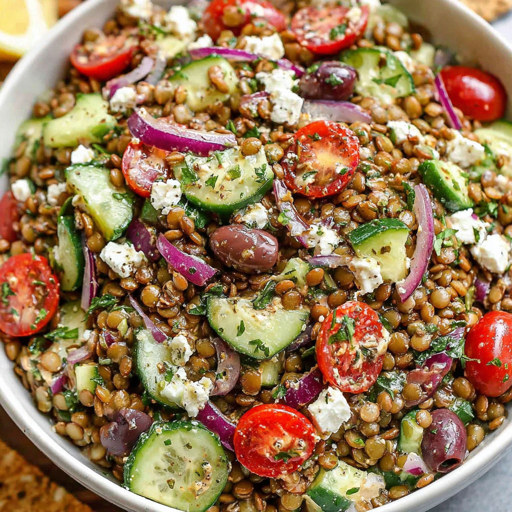 A bowl of lentil salad with cucumbers, tomatoes, and feta cheese.