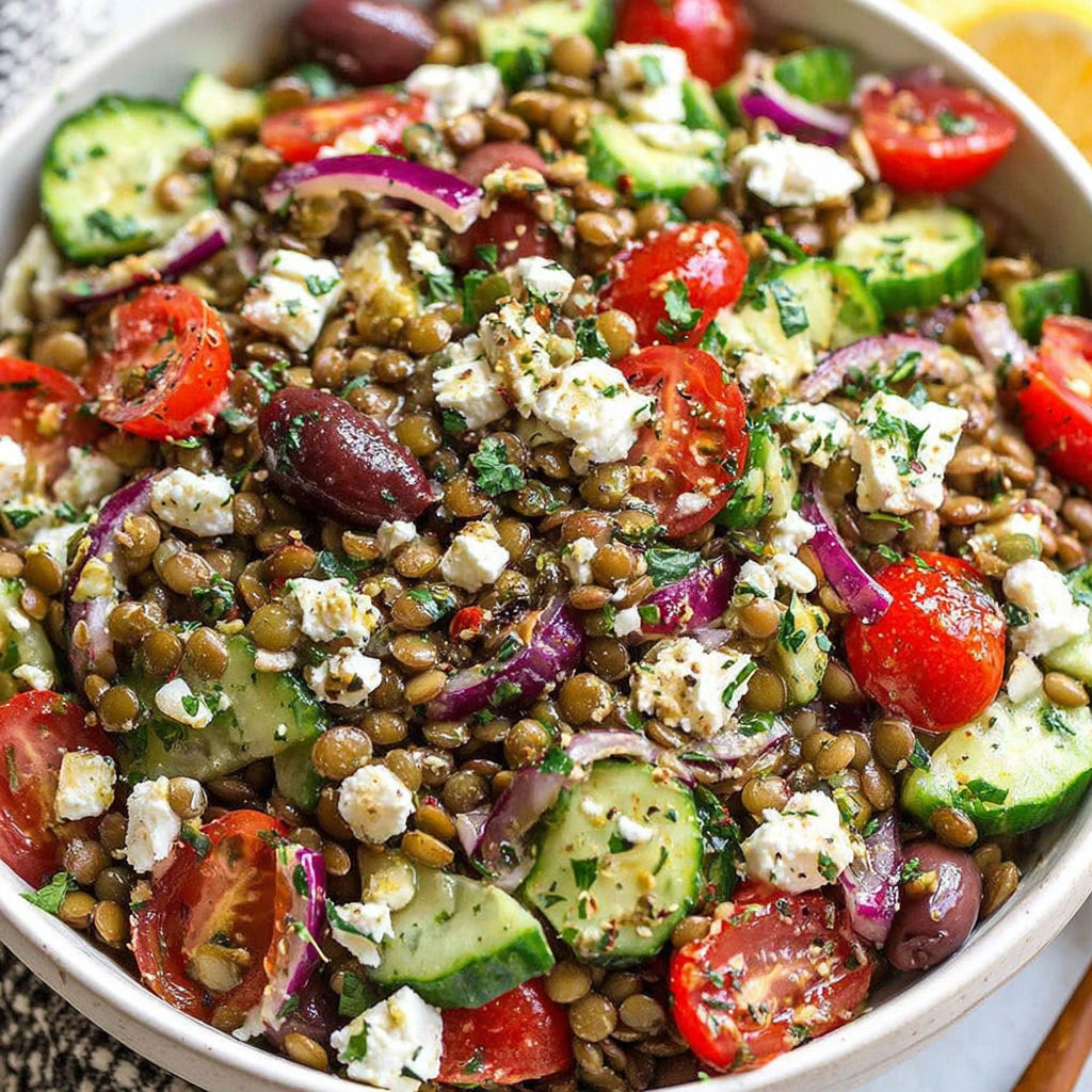 A bowl of lentil salad with tomatoes, cucumbers, and feta cheese.