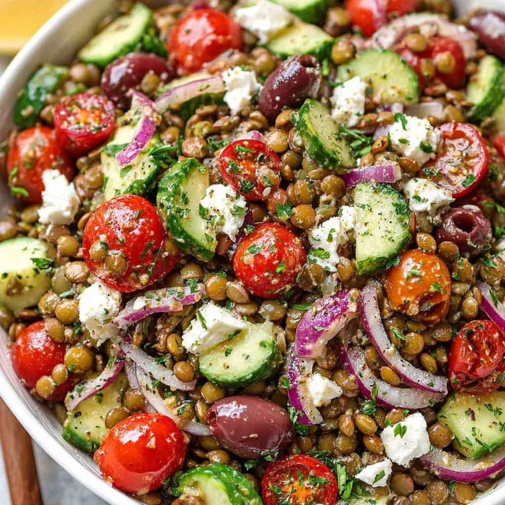 A bowl of lentil salad with tomatoes, cucumbers, and feta cheese.