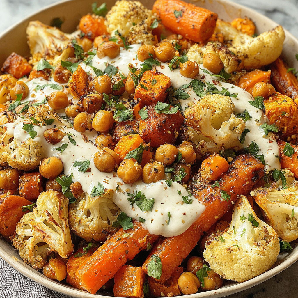 A bowl of roasted vegetables with a tahini yogurt sauce.