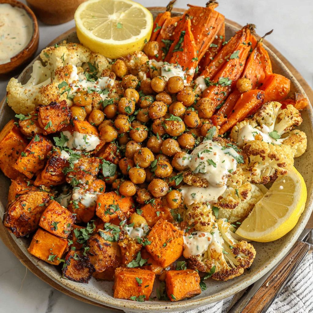 A glow bowl recipe with roasted vegetables and tahini yogurt sauce.