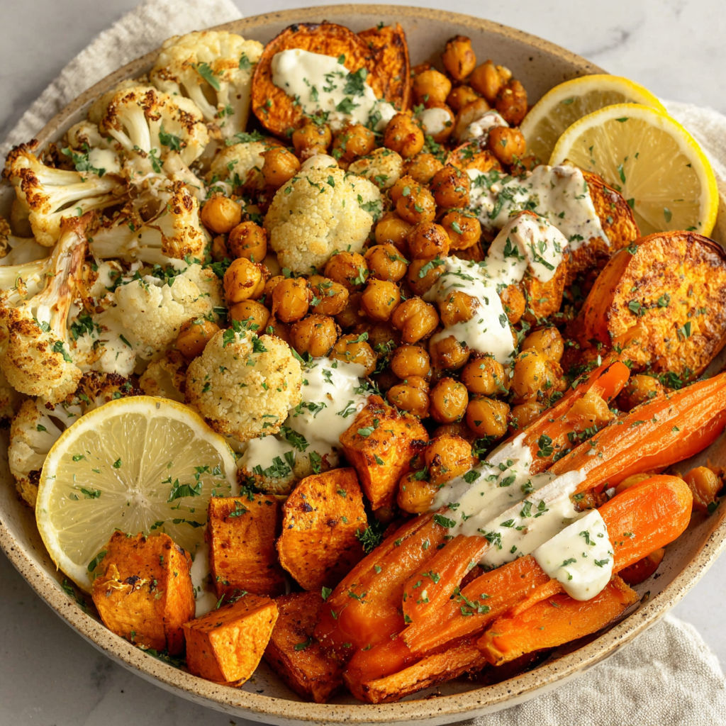 A bowl of roasted vegetables with a tahini yogurt sauce.