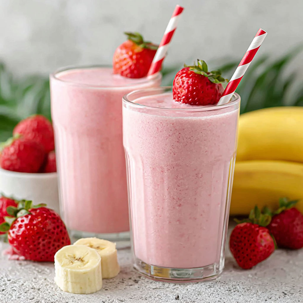 Two glasses of strawberry banana smoothie.
