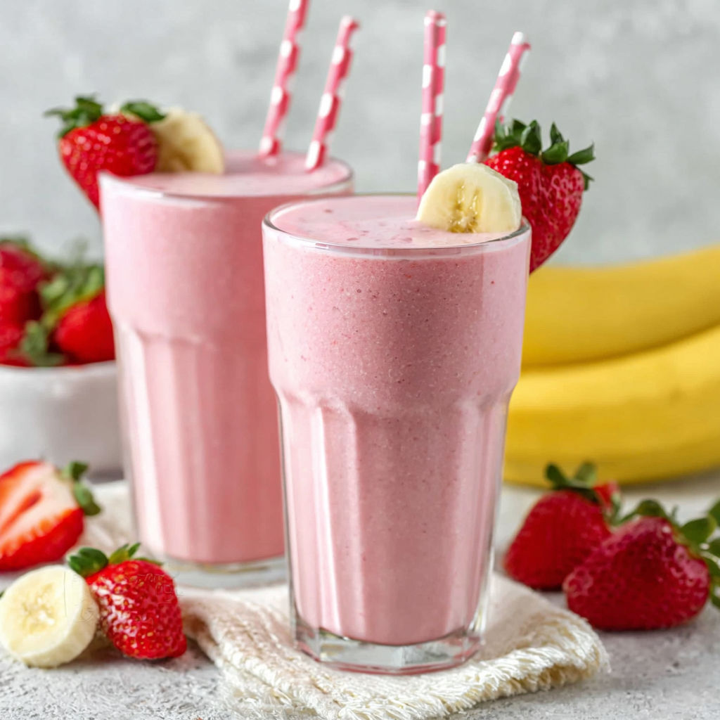 Two glasses of pink smoothie with bananas and strawberries.