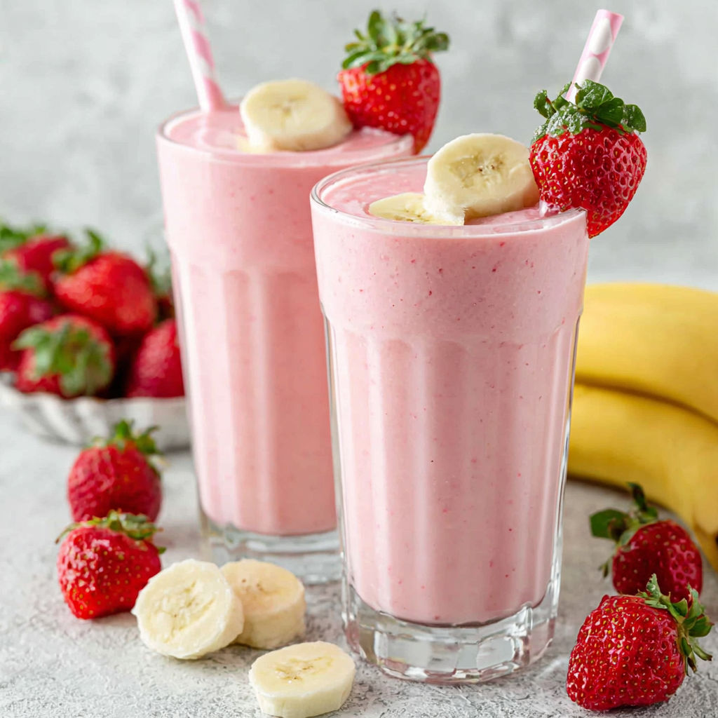 Two glasses of pink milkshake with bananas and strawberries.
