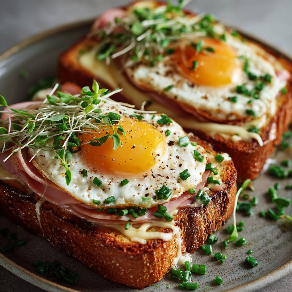 A croque madame with eggs and ham.