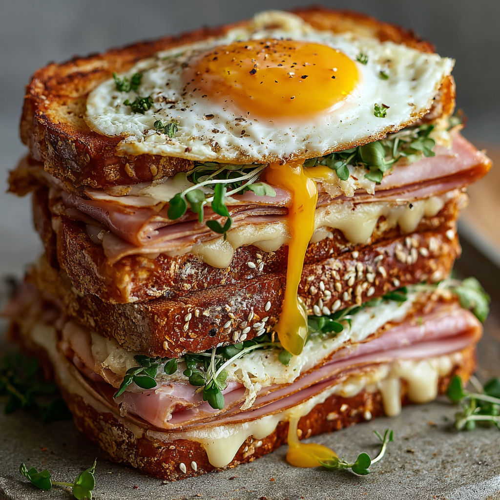 A stack of croque madame sandwiches.