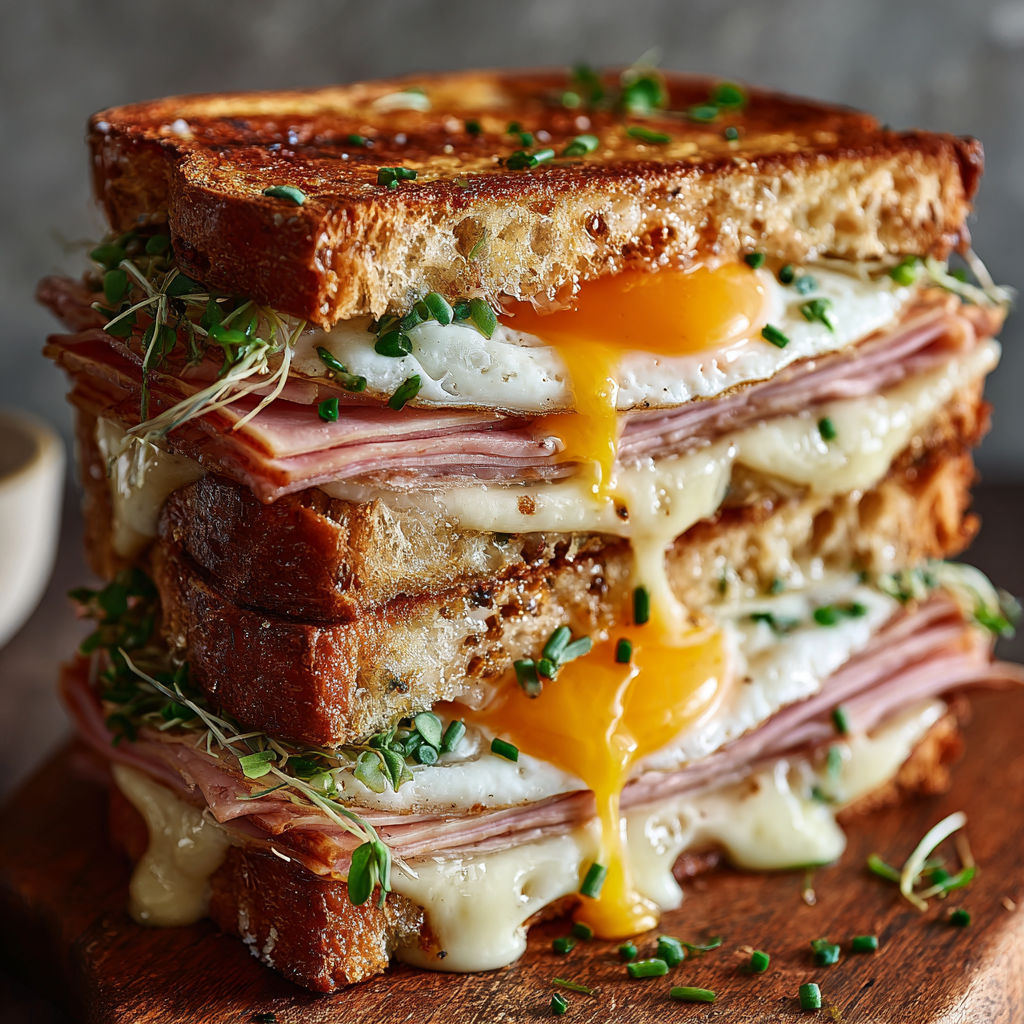 A stack of croque madame sandwiches.