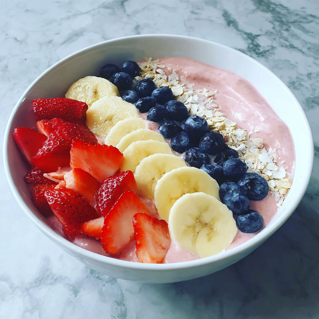 A bowl of fruit with strawberries, bananas, blueberries, and yogurt.