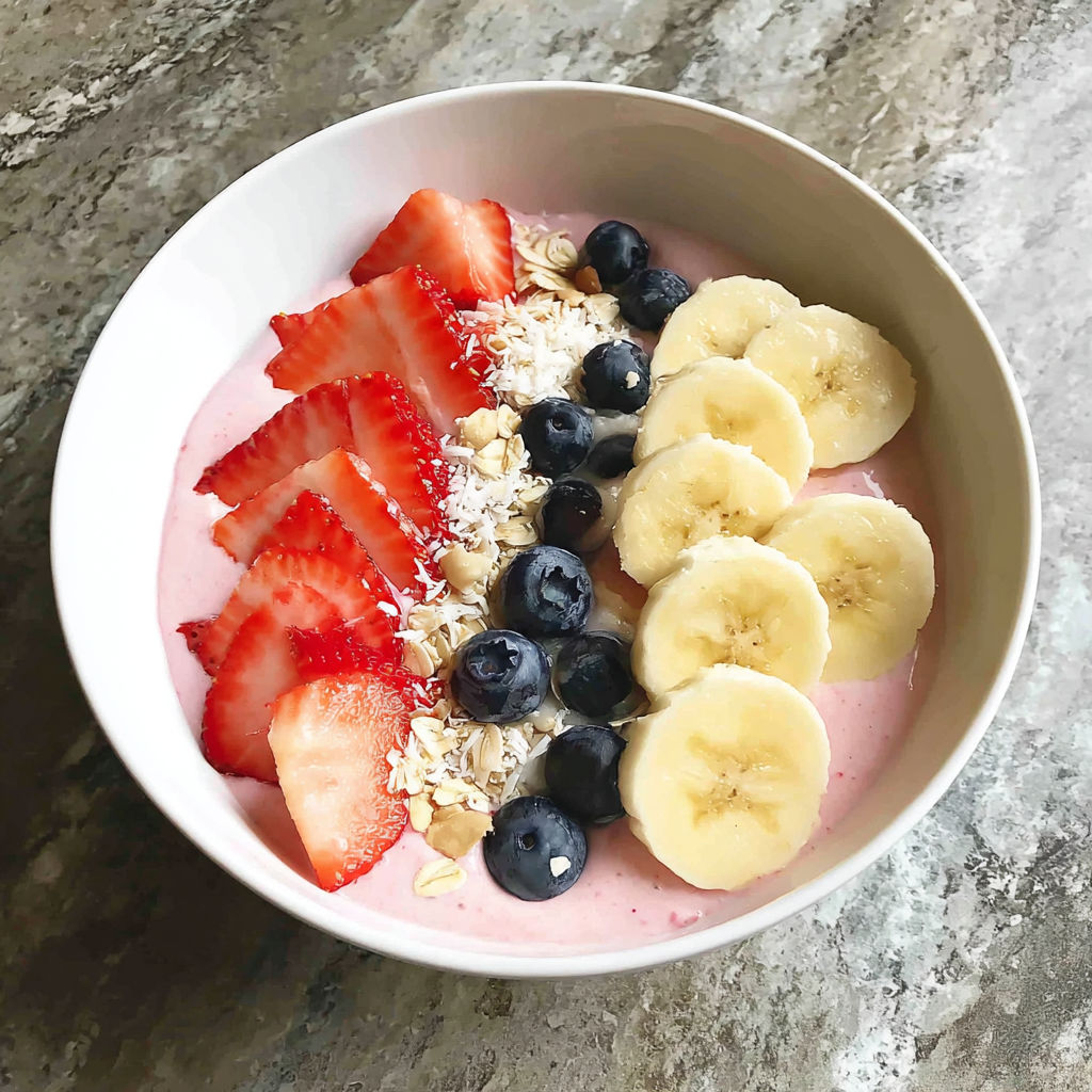 A bowl of fruit with strawberries, bananas, and blueberries.