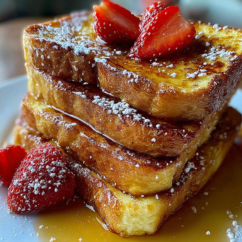 French toast with strawberries and powdered sugar.