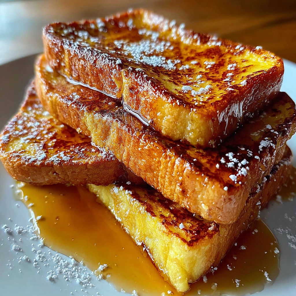 Golden French toast stacked on a plate.