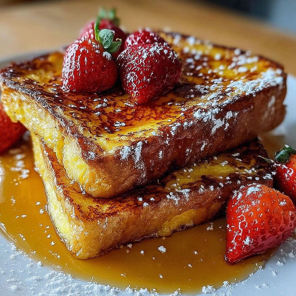 French toast with strawberries and powdered sugar.