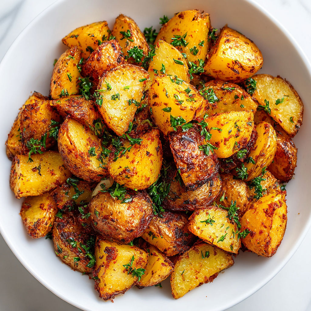 A bowl of potatoes with herbs on top.
