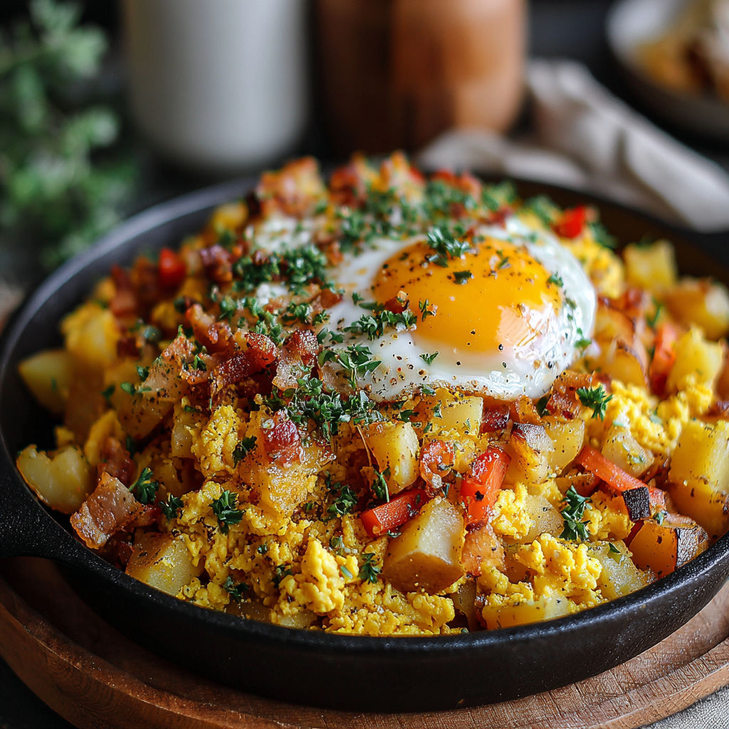 A delicious potato egg scramble with a fried egg on top.