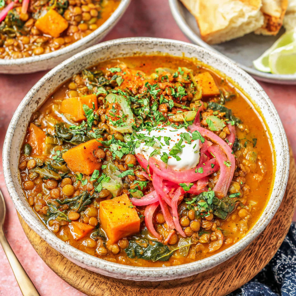 A bowl of soup with a spoon in it.