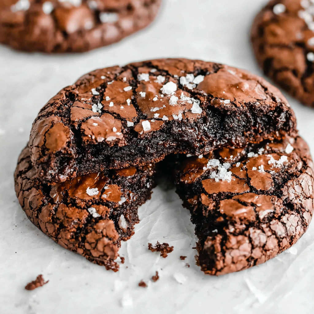 A chocolate cookie with white sugar on top.