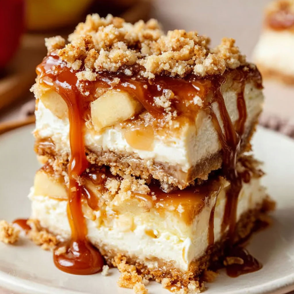 A stack of caramel apple cheesecake bars.
