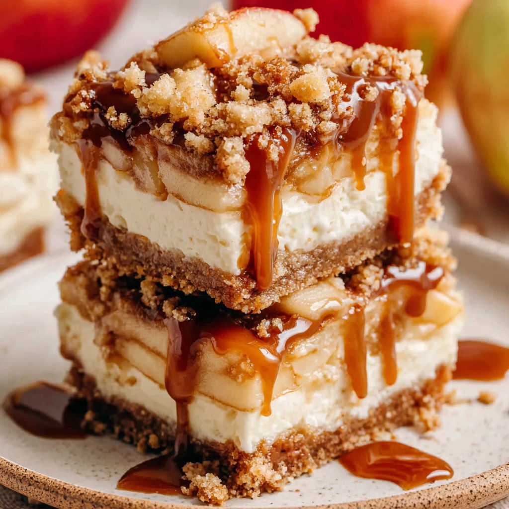 A stack of desserts with caramel drizzled on top.