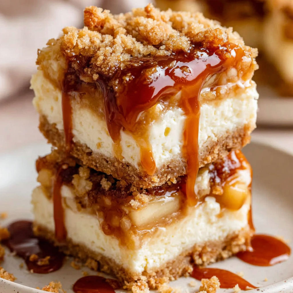 A stack of three desserts with caramel drizzled on top.