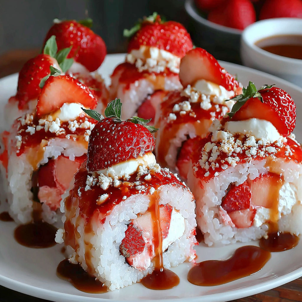 A plate of sushi rolls with strawberries on top.