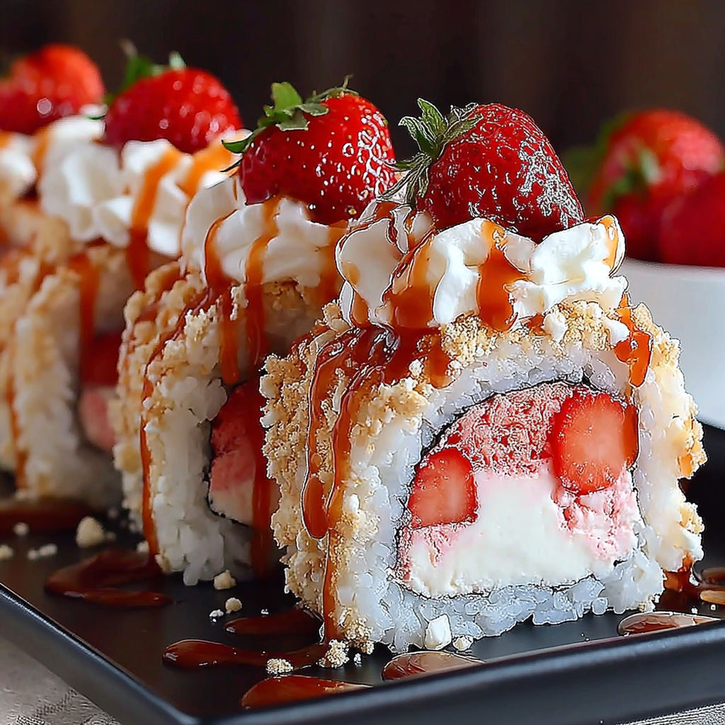 A plate of sushi rolls with strawberries on top.