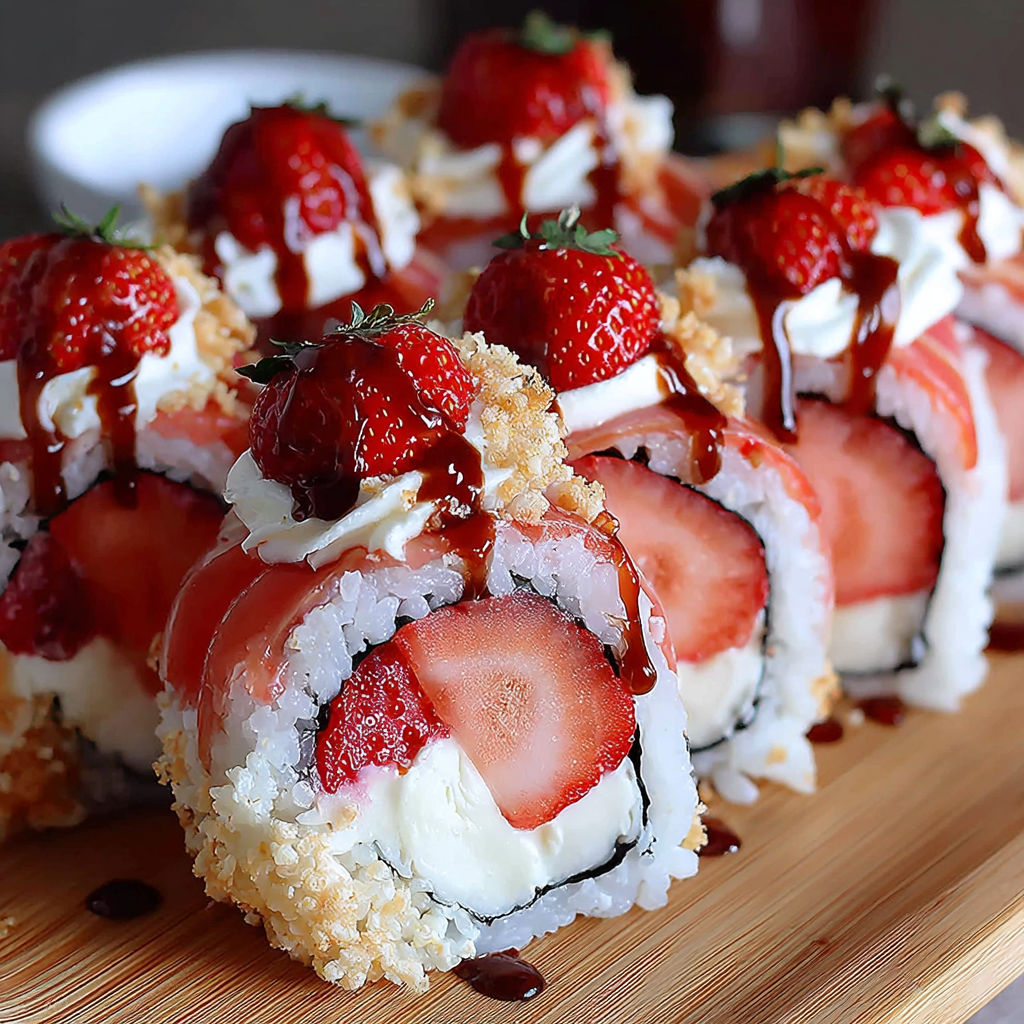 A creative dessert made from strawberries and sushi.
